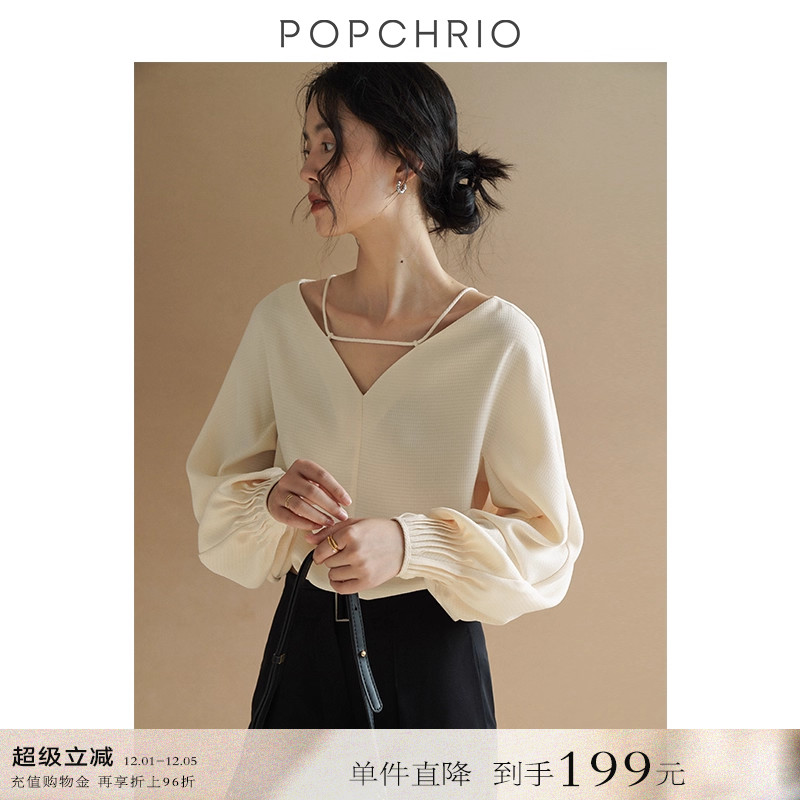 POPCHRIO海鸥领系带连身袖衬衫