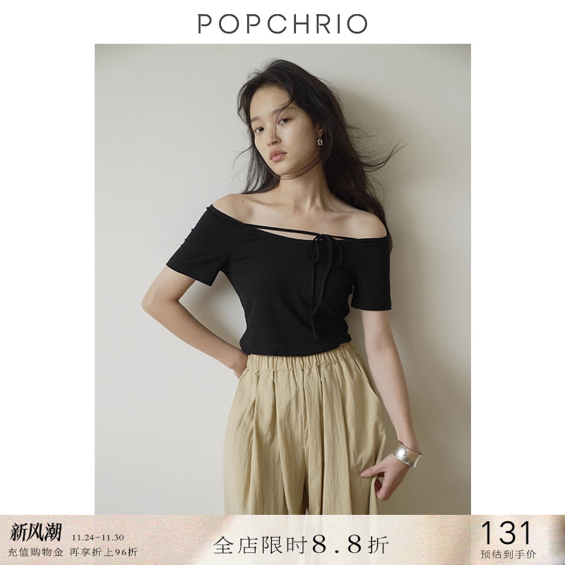 POPCHRIO一字领露肩系带短袖T恤