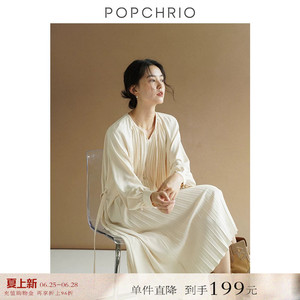 【到手199元】长袖宽松圆领系带连衣裙立体褶皱法式收腰长裙女秋