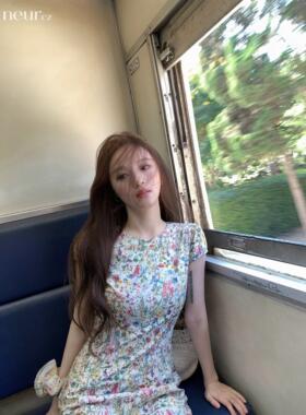 neurcz 莫奈花信 短袖碎花纯棉连衣裙女春夏圆领长短款修身收腰裙