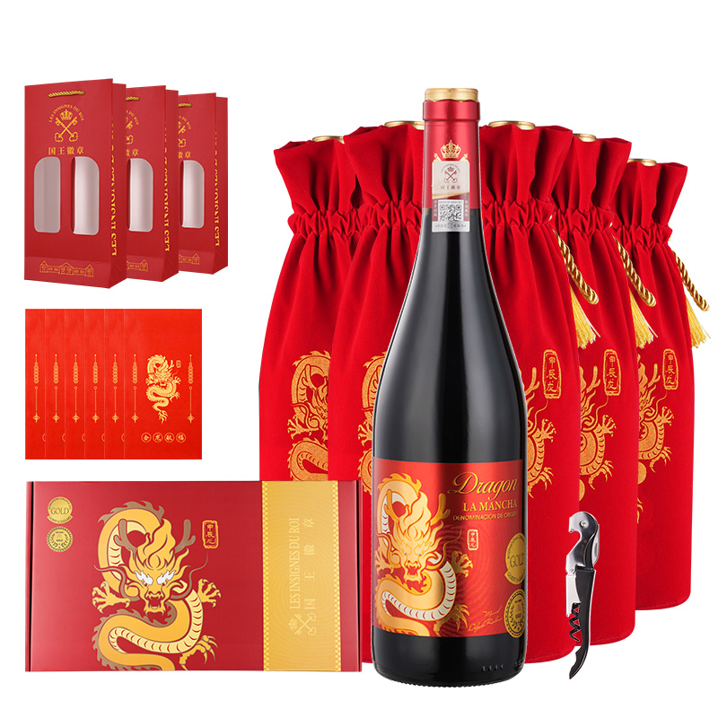 西班牙红酒国王徽章金星龙干红葡萄酒国潮纪念酒横卧六支礼盒装