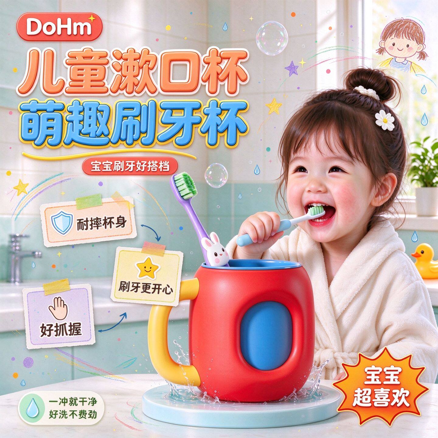 儿童带手柄漱口杯食品级PP抗菌防霉宝宝刷牙杯双层加厚耐摔家用