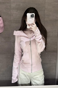 【陈小圆】韩国设计师修身宽松版喜悦粉加绒卫衣连帽拉链开衫外套