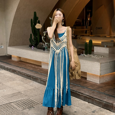 蓝色吊带连衣裙女海边度假沙滩裙