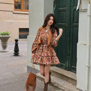 小个子娃娃裙民族风波西米亚复古印花宽松云南西藏度假长袖 连衣裙