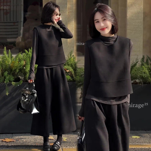 2025冬季时尚毛呢三件套套装韩版泥料马甲打底衫九分阔腿裤职业风