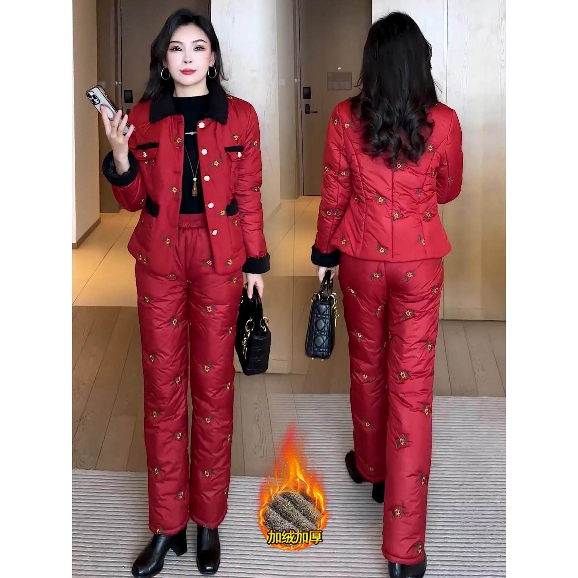 时尚加绒加厚棉服套装女2025冬季新款洋气棉外套阔腿裤保暖两件套
