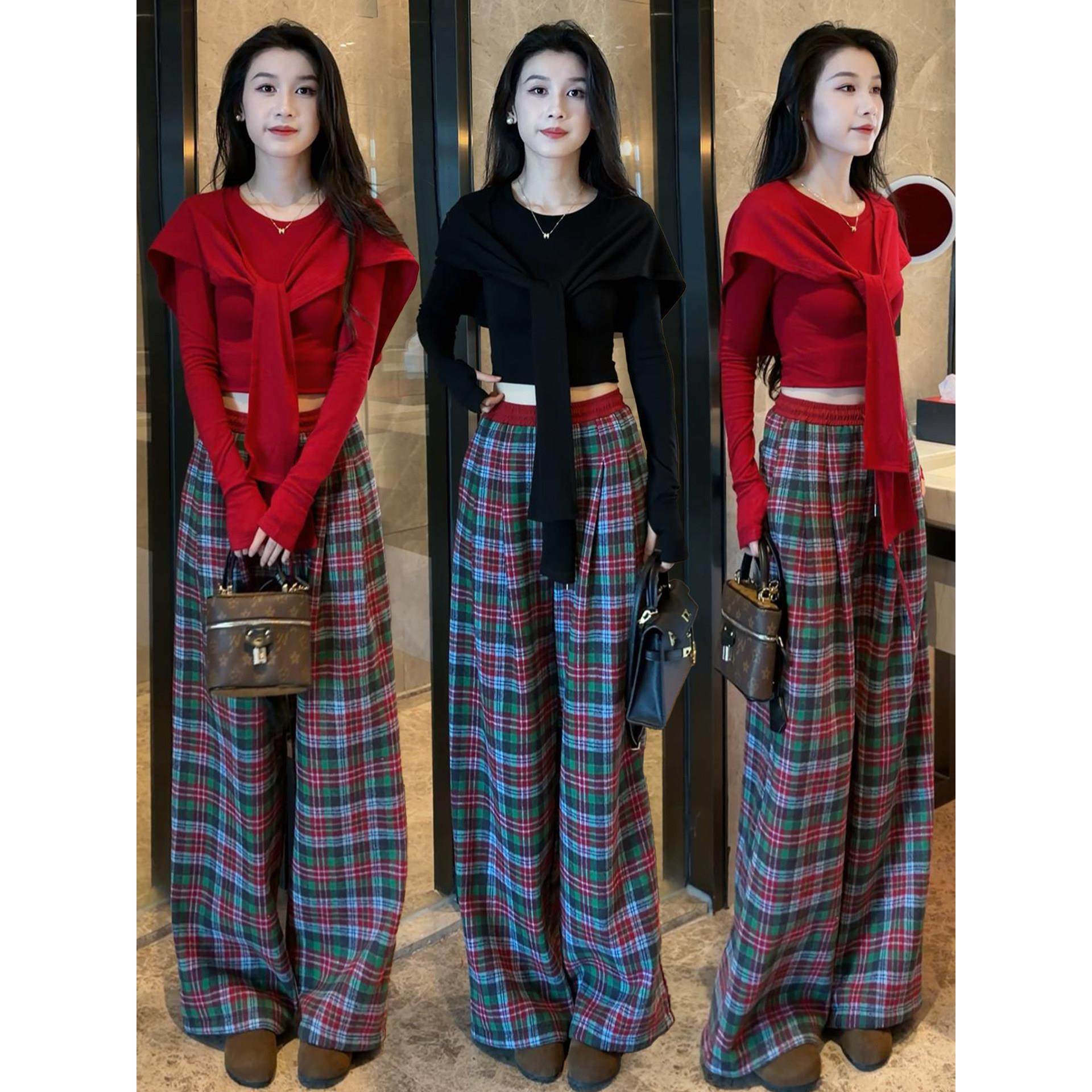 时尚套装女2025秋冬新款洋气披肩长袖针织衫上衣格子阔腿裤两件套