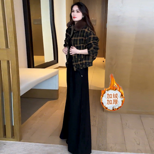 时尚2025格子短款加厚外套时尚套装女士秋冬季新款洋气减龄上衣潮