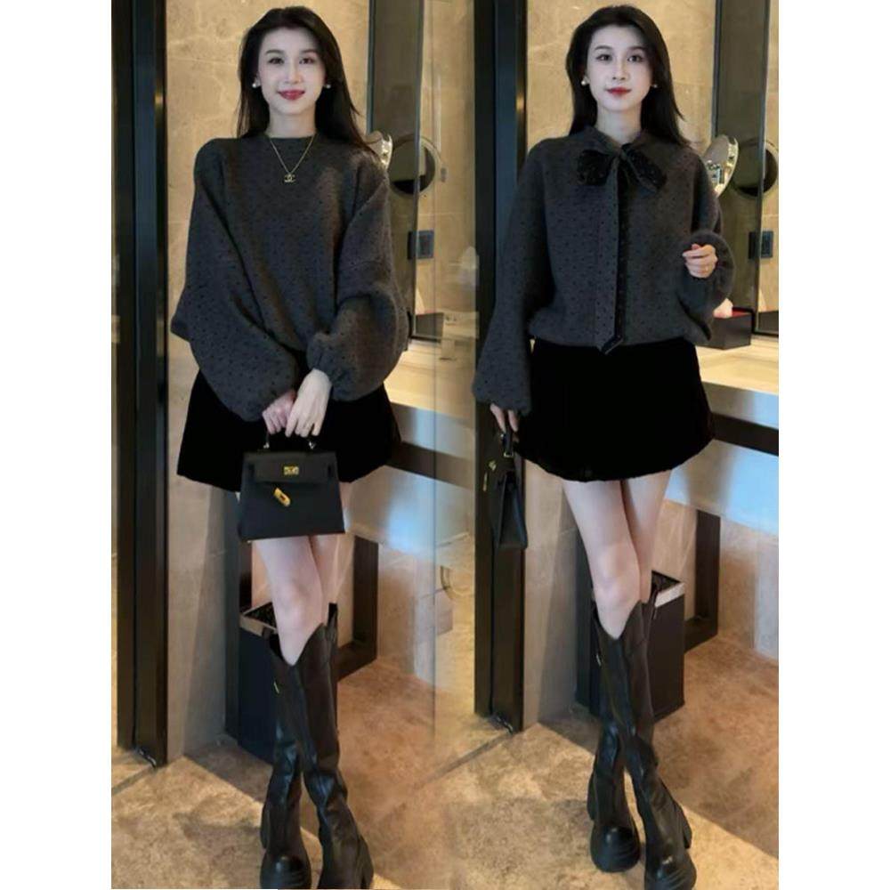 时尚套装裙女2025冬季新款洋气宽松针织系带毛衣上衣半身裙两件套,女装/女士精品,时尚套装,淘宝优惠券,粉丝福利购,淘宝优惠卷