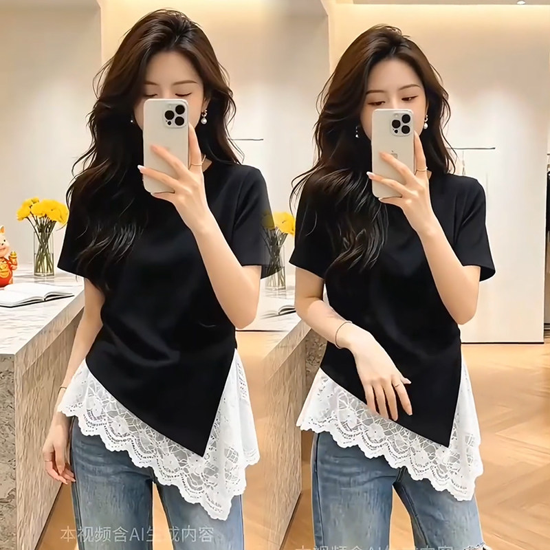 黑色蕾丝T恤女小众时髦不规则上衣绝美收腰假两件纯色小衫显瘦潮