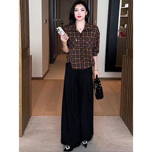 时尚套装女2026早春新款气质宽松显瘦格子小个子衬衫阔腿裤两件套