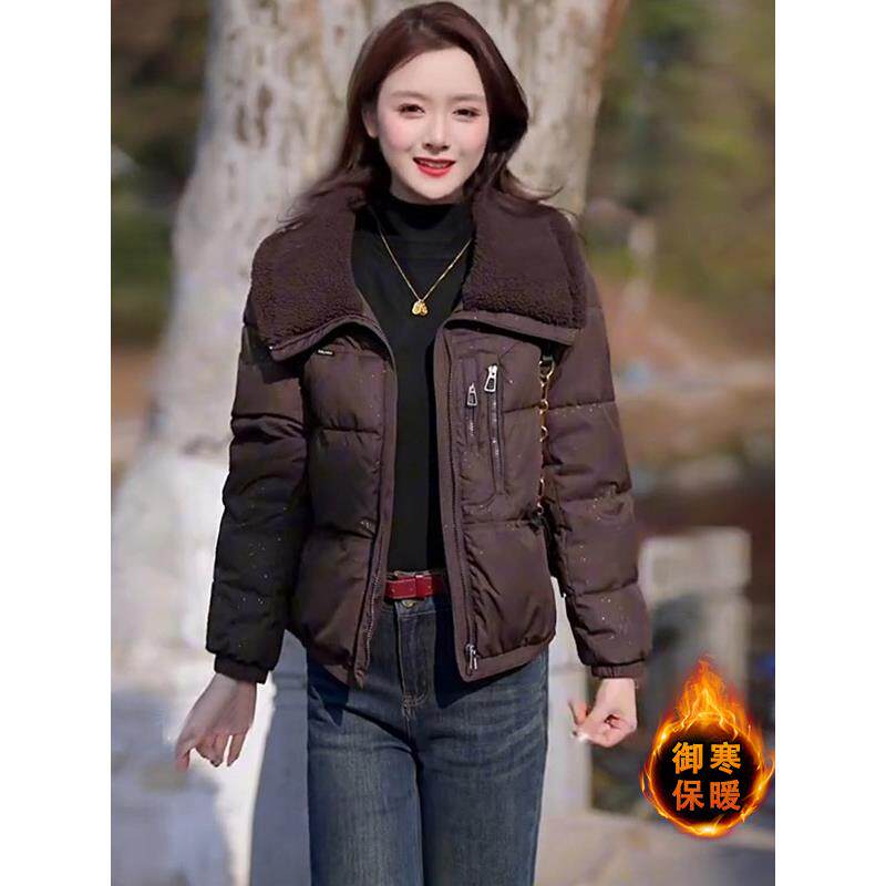 时尚高级感细闪羊羔毛领短款棉服女2025冬季新款加厚保暖显瘦外套