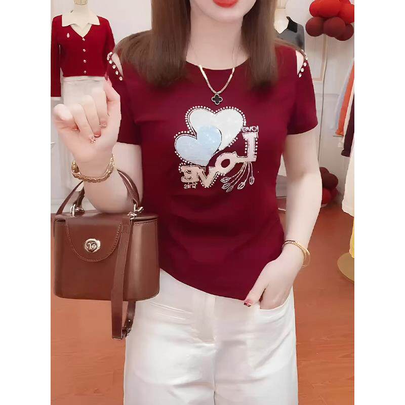 韩版露肩爱心印花短袖T恤女2026夏新款今年流行爆款修身时尚上衣