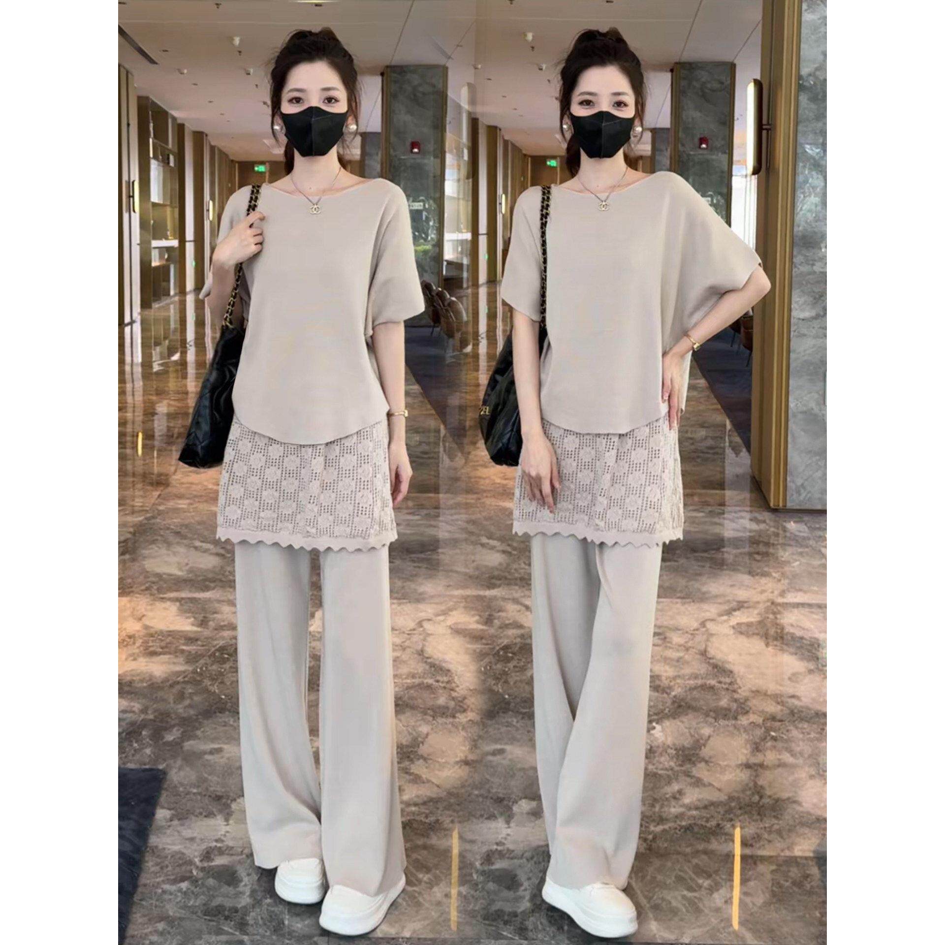 慵懒风时尚套装女2026春夏新款洋气T恤上衣屁帘阔腿裤显瘦两件套