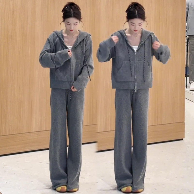 高级感时尚休闲运动穿搭一整套拉链连帽长袖外套上衣阔腿裤两件套