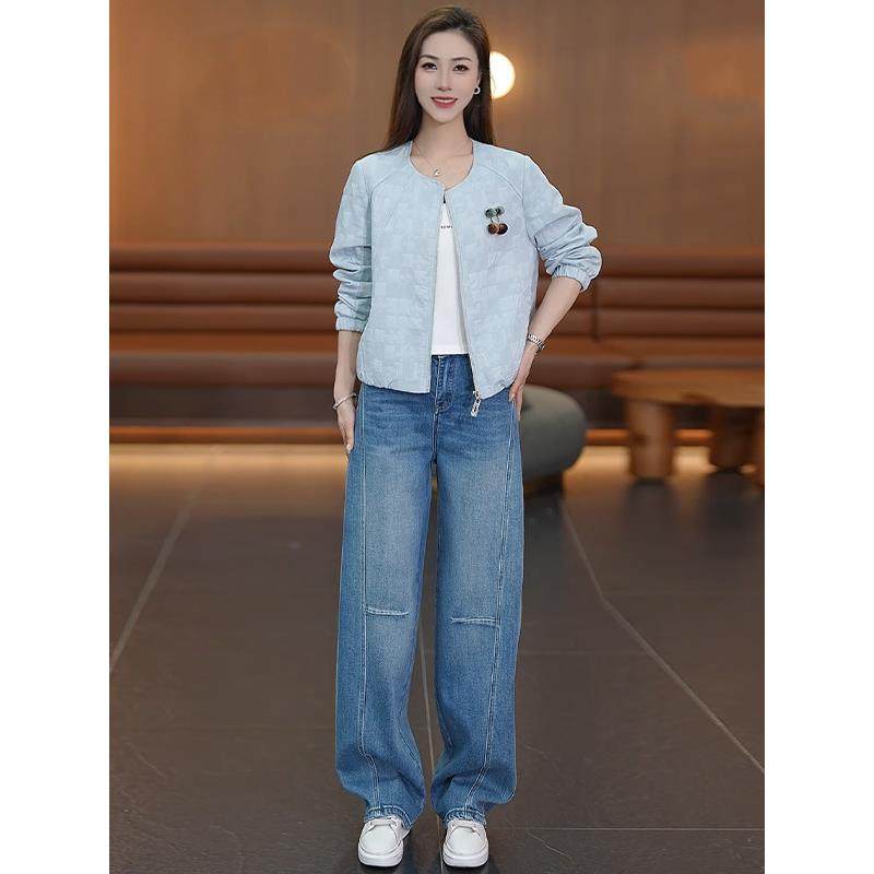 时尚套装女2026春季新款洋气宽松显瘦棒球服外套牛仔裤休闲两件套