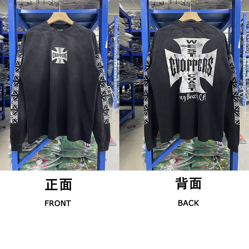 thumbnail for American retro street West West Coast vintage washed old cross print long sleeve niche high street trend