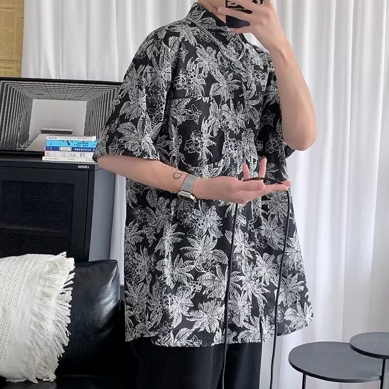 纯棉修身休闲微宽松OS短袖衬衫男