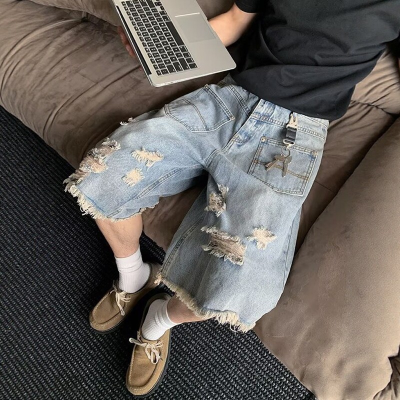 少年感乞丐破洞毛边七分牛仔裤