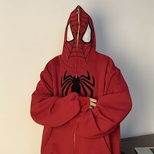 酒红色蜘蛛侠卫衣男重磅美式复古拉链开衫外套oversize情侣连帽衫