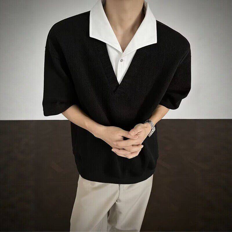 麦穗纹假两件t恤男生夏季设计感