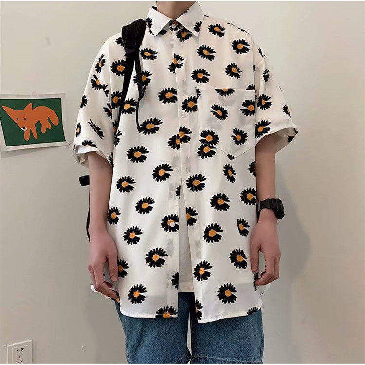 美式复古小雏菊印花短袖衬衫男