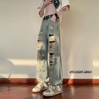 破洞牛仔裤男款夏季美式水洗做旧