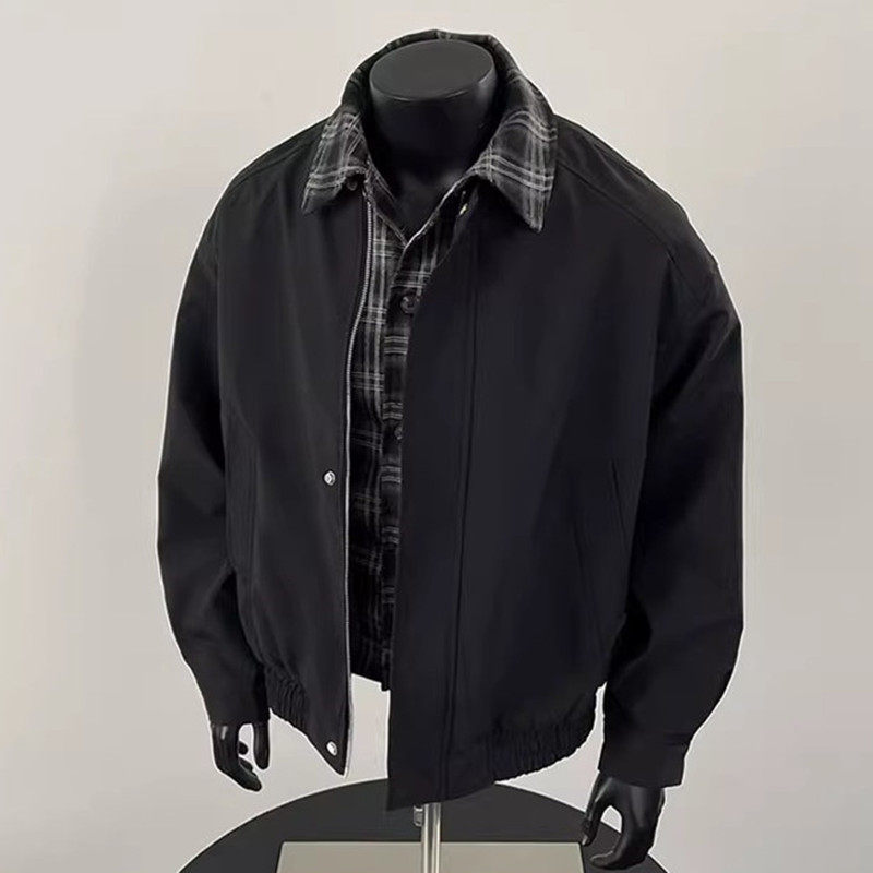 棕色假两件巴恩风外套男款美式复古衬衫格子拼接翻领短款飞行夹克