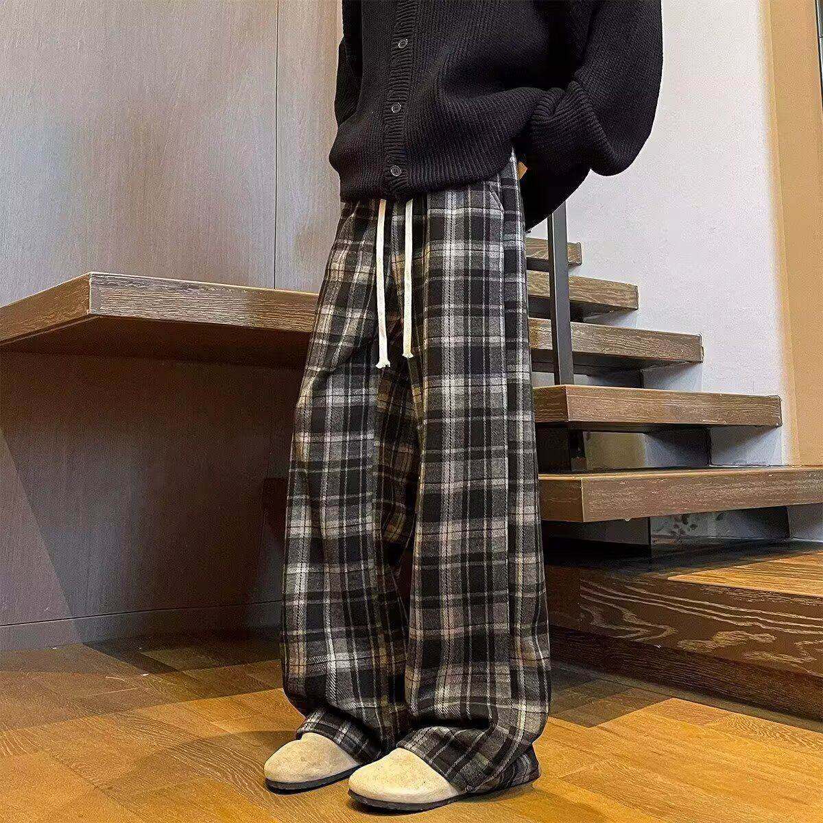 慵懒风格子裤男女装2025新款中腰直筒垂感复古秋冬加绒宽松阔腿裤