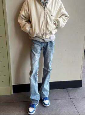 浅蓝色弯刀牛仔裤男春秋美式高街vibe窄版直筒裤子修身高腰微喇裤