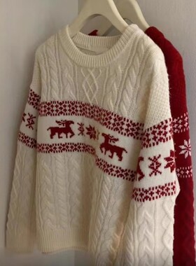 圣诞新年红色毛衣内搭男女款情侣装冬装氛围感麋鹿提花针织打底衫