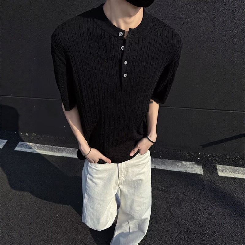 亨利领麻花纹针织短袖男款高级感痞帅冰丝凉感t恤正肩美式polo衫