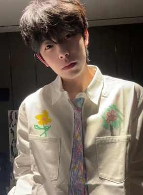 追梦eeeeartmonster创意设计感蜡笔手绘领带衬衫男趣味学院风衬衣