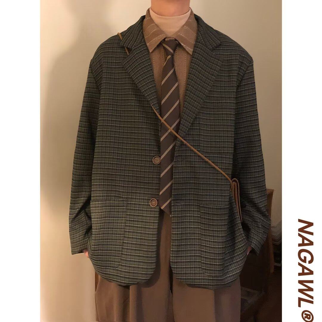 2024秋季日系复古宽松格子西装外套古着美拉德穿搭夹克男女潮,男装,休闲西服,淘宝优惠券,粉丝福利购,淘宝优惠卷