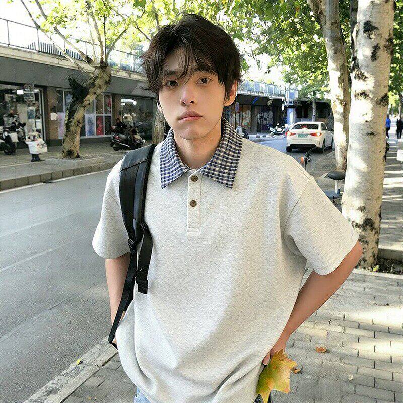 白花灰假两件格子拼接polo衫短袖男款夏季cleanfit高级感正肩t恤