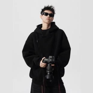 不规则设计感连帽卫衣男早秋重磅长袖双拉链美式解构硬挺开衫外套