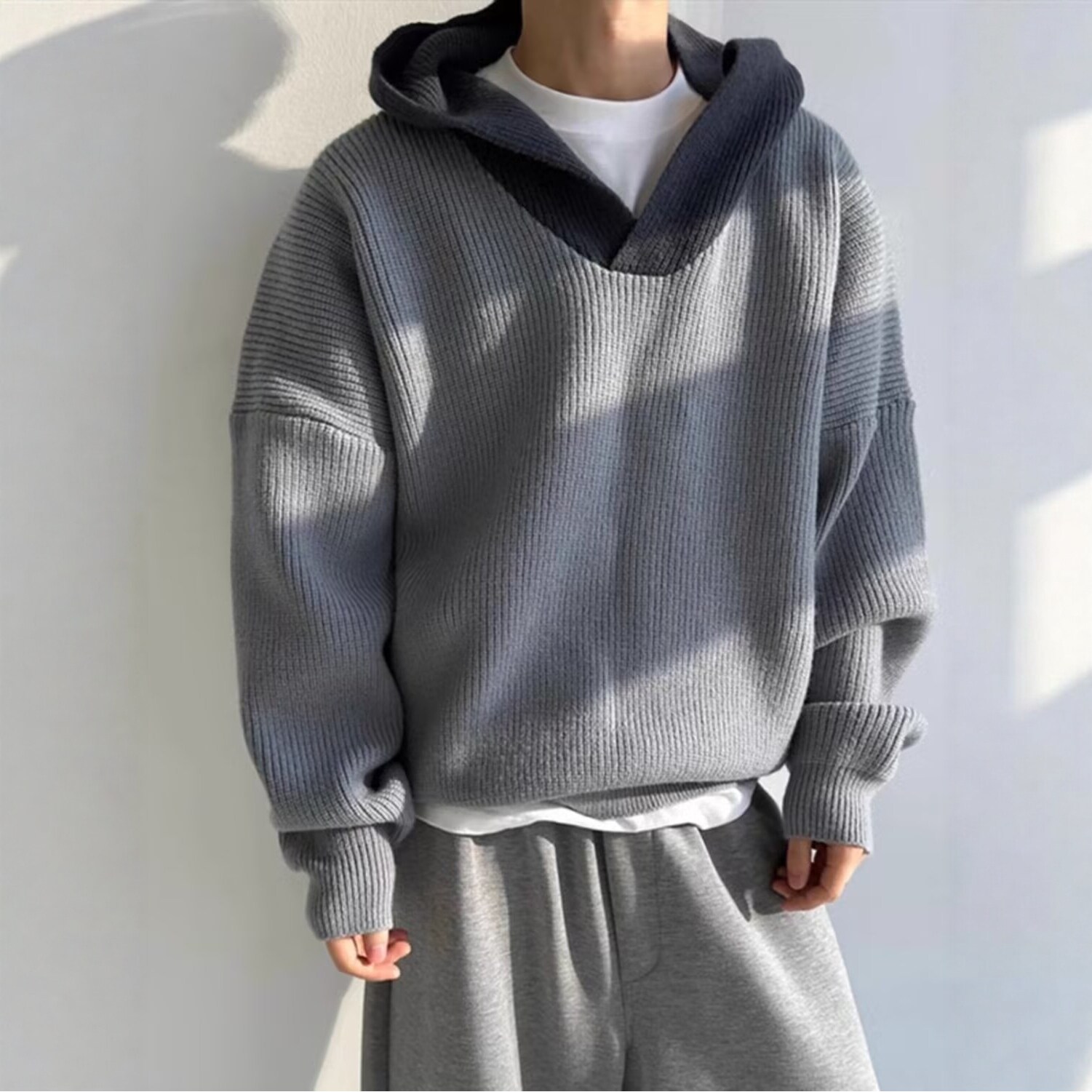 灰色拼接撞色毛衣男款秋冬慵懒风针织连帽卫衣设计感美式复古外套