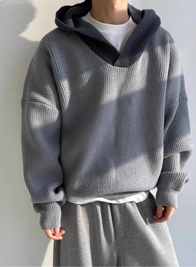 灰色拼接撞色毛衣男款秋冬慵懒风针织连帽卫衣设计感美式复古外套
