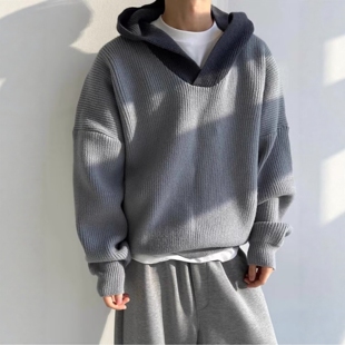 灰色拼接撞色毛衣男款秋冬慵懒风针织连帽卫衣设计感美式复古外套