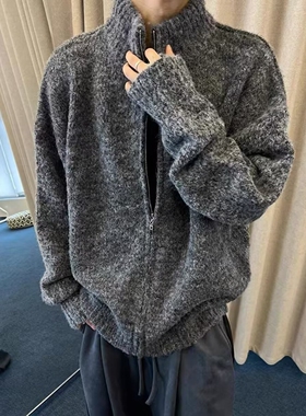秋冬复古百搭耐脏慵懒风宽松深灰色拉链毛衣外套男INS休闲开衫