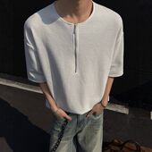 夏款 潮流痞帅男装 美式 亨利衫 体恤 华夫格半拉链t恤男短袖 半袖 夏季