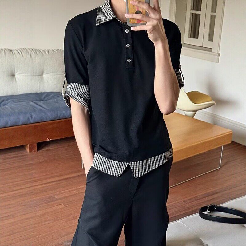 miu系假两件POLO衫短袖男夏季
