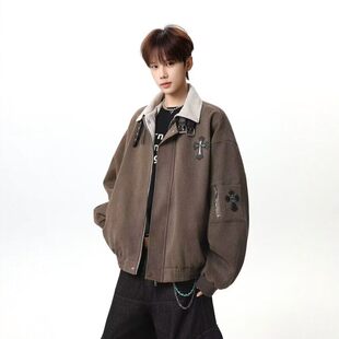 男生春季外套黑色十字架皮带扣哈灵顿夹克高级感短款飞行员棒球服