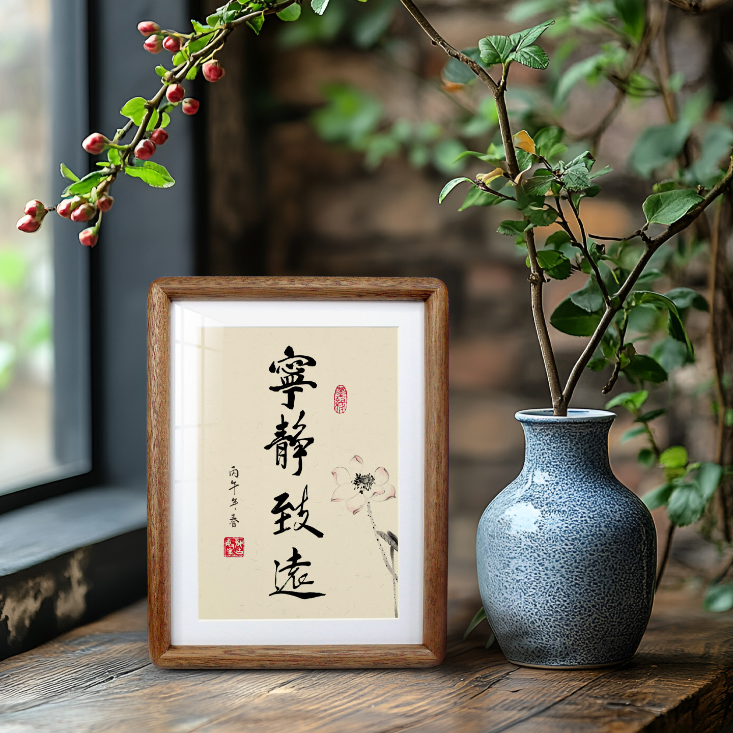 实木相框8寸宁静致远书法字画新中式书房挂墙轻奢桌面治愈系摆件