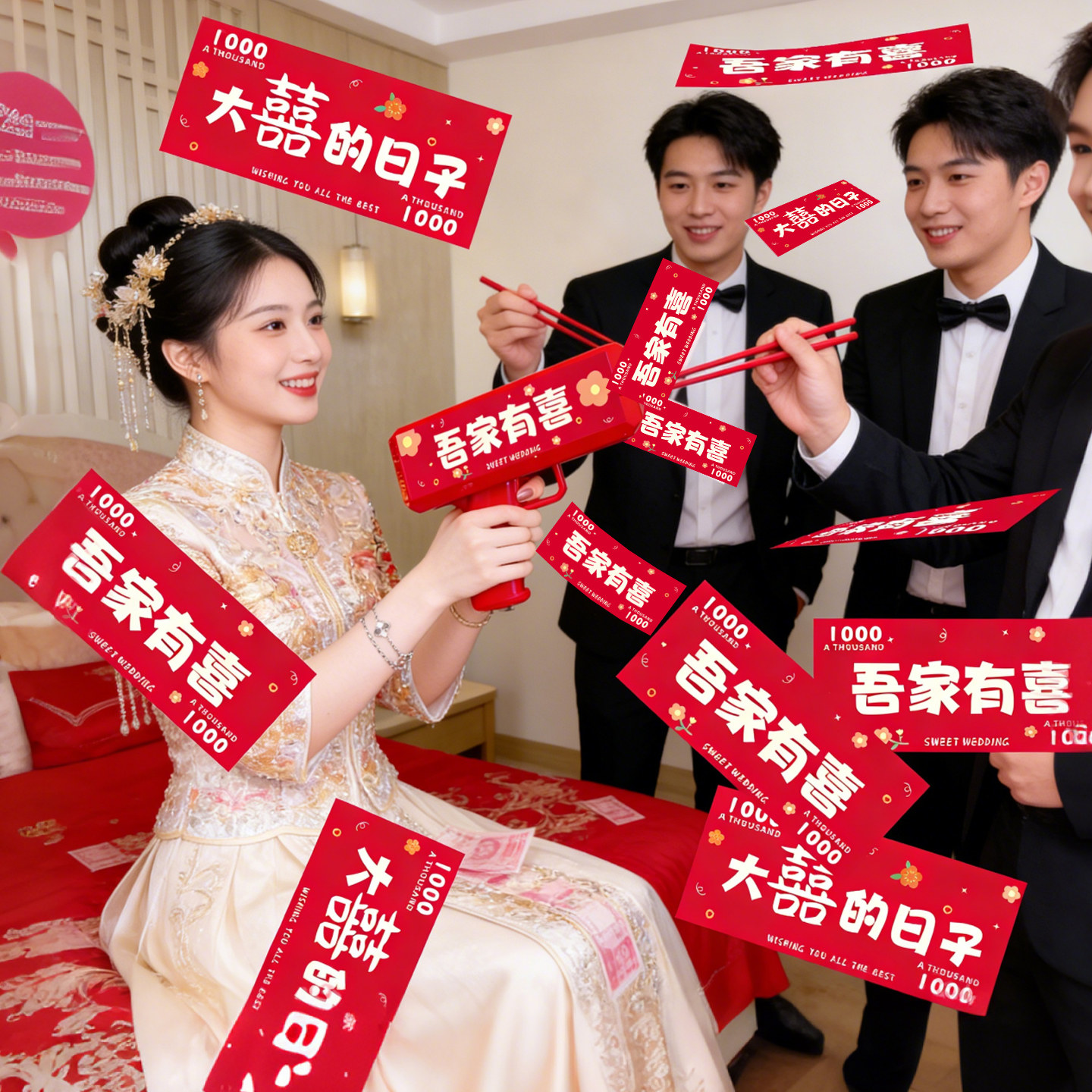 结婚游戏道具接亲筷子夹钞票新郎喷钱枪喷钞机婚礼堵门游戏道具