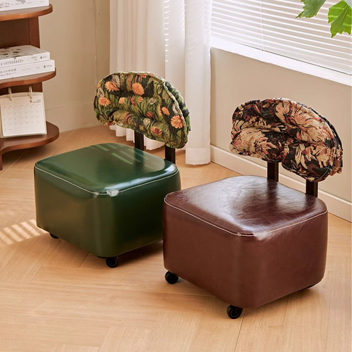 万向轮小凳子家用滑轮矮凳靠背实木小板凳移动沙发软凳创意换鞋凳
