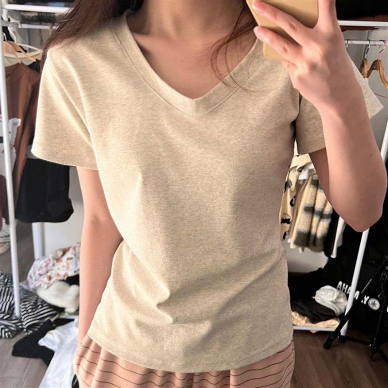 纯棉正肩短袖V领t恤女装夏季2025新款修身显瘦纯色基础款爆款上衣