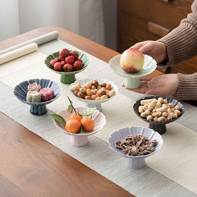 果盘陶瓷中式莲花高脚茶点盘零食点心糕点碟婚庆摆盘甜点盘供佛盘