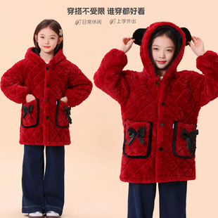2025新款仿兔毛儿童加绒加厚保暖罩衣女童小中大童棉衣棉袄